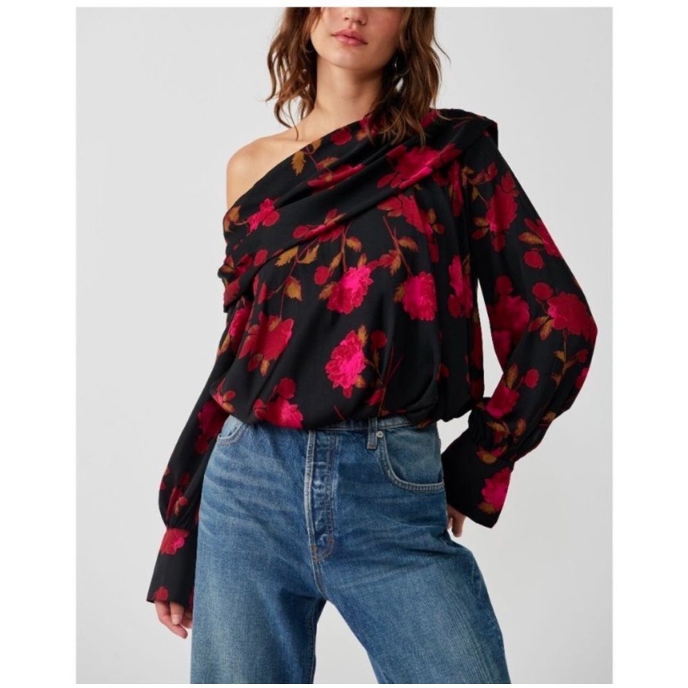 Free People Potter Floral Off Shoulder Blouse, Black Combo, Size M, New w/tags